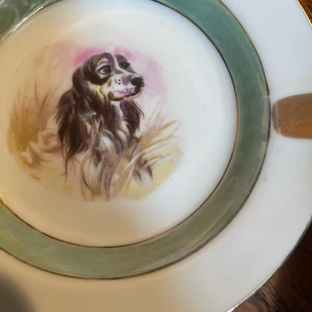 Spaniel Canine Hunting Dog Ashtray Japan Gold Rim 5 5/8”diameter Luster Ware
